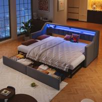 Daybett, 90x200 cm, LED, USB ir Type-C, 2 stalčiai, talpa, be čiužinio, pilka