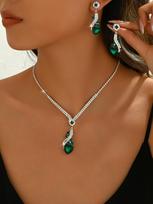 2026 Jewelry Set Water Drop Geometric Crystal Necklace Earrings Two-piece Set Jewelry Women 45CM black