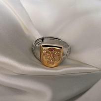 Adjustable Open Ring With Golden Buddha Face Design Vintage Ethnic Style Unisex Copper Jewelry Adjustable Open Band gray