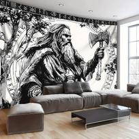 Extra Large Viking Warrior Tapestry, Norse Battle Scene with Rune Symbols and Axe Design,  for Man Cave Living Room Decor 100X70CM gray