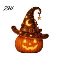 Waterproof Resin Crafts Halloween Pumpkin Lamp, Gothic Glowing Tabletop Decor for Home, Fantasy Ornaments Spooky Dragon Ghost Black Cat Ornament, beige