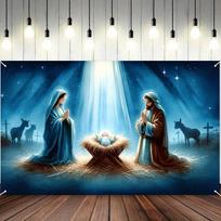Joyful holiday Christmas scene banner - Vibrant polyester background, featuring the Virgin MaryDJH 47.2x31.5inch/120*80cm white