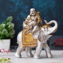 Silver Golden Resin Laughing Buddha Statue Seating on Elephant Figurine Showpiece for Home Decor gray
