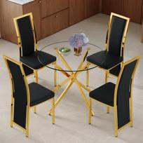 Table and chair set. 88 cm luxurious dining table, tempered glass, gold cross-shaped metal frame, 4 minimalist black PU dining chairs, gold trim.