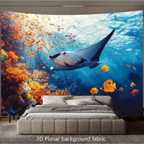 Huge Ocean Manta Ray Underwater Tapestry Wall Hanging Fabric Print Tropical Coral Sea Life Background Decoration for Bedroom Nur 100X70CM blue