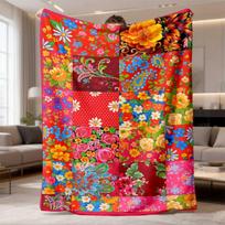 2026 New Arrival Flannel Blanket 1pc Vibrant Floral Patchwork Flannel Blanket Soft, Warm, AllSeason Cover for Sofa, Bed, Office, Camping & Travel Mach 75X95CM