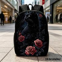 Juoda katė ir rožės, Laisvalaikio kuprinė, Kelioninė nešiojamojo kompiuterio kuprinė, 2D plokščia spauda, Talpi kuprinė - Tinka kelionėms Unisex black