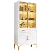 Aukšta spinta, Vitrina, Komoda, Valgomojo spintelė, Aukšta vitrina Stiklinės durys APP LED Blizgi Marmuro išvaizda 2 stalčiai Metalinės kojelės 75 x 38 x 170 cm balta