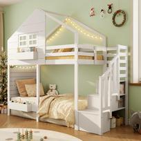 Bunk Bed, Loft Bed, Children's Bed 90x200cm with Fall Protection and Storage Staircase, Youth Bed, with Window, Solid Wood, White 252.5 x 107 x 221.4 cm balta