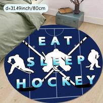 Eat Sleep Hockey Round Rug Flannel Sports Fan Gift Ice Rink Silhouette Stick Puck Design Boys Room Man Cave Floor Mat Durable 60cmx60cm