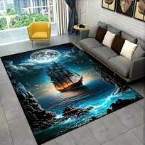 Didelis piratų laivo kilimas - Jūrinės tematikos neslystantis plaunamas kilimas svetainei, miegamajam ir bendrabučio dekorui 60x90cm gray