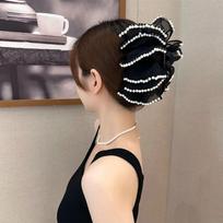 Elegant Chiffon Pearl Grab Clip Girl Double Sided Bow Hair Claw Clip Fashion Bubble Women'S Hair Accessories Shark Clip