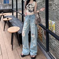 Women's High Waist Wide Leg Jeans Loose Fit Ripped Straight Leg Jeans Vintage Distressed Denim Pants Streetwear XS gray