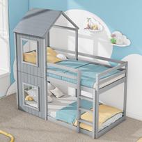 90*200cm Bunk Bed, Children's Bed, House Bed for Girls and Boys, with Ladder & Canopy, Floor-Level, Solid Wood, Grey [OLD SKU:3071489HAA] pilka