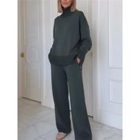 Women Turtleneck Sweater Wide Leg Pants Set Casual Long Sleeve Knit Two Piece Outfit S pilka spalva
