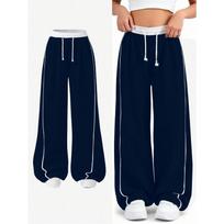 Kids Girls 1-Piece Wide Leg Sweatpants, Navy White Elastic Drawstring Waist Casual Trousers With Double White Side Strip Loose J S white