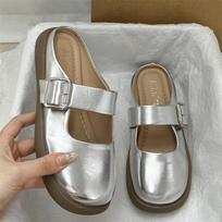 Flat-bottomed bag head lazy half slippers women's summer wear 2025 new fashionable versatile Mary Jane cool slippers 40 chaki