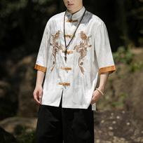 Summer Chinese Traditional Dress Dragon Embroidery Shirt Men Clothing Silk Half Sleeve Vintage Tops Plus Size 5XL balta