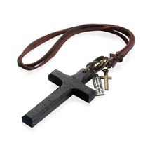 Metal Tags Handmade Cross Necklace Religious Crucifix Pendant Chain Wood Cross Necklace  Church juoda