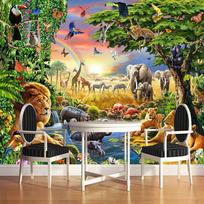 3D Tapetai Vaivorykštinis Dangus Žalias Miškas Gyvūnas Dramblys Liūtas Sieninė Tapyba Svetainė Vaikų Meno Sieninė Tapyba 200 cm(W) x 140 cm(H) beige