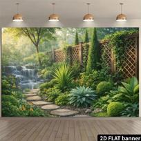 2D Lush Backyard Fence Backdrop with Waterfall for Photo Booth Decoration 47.2x31.5inch/120*80cm gray