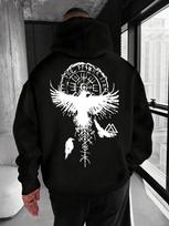 Norse Viking Myth Men Hip Hop Hooded Sweatshirt, Raven Rune Compass Magic Totem Ink Wash Back Print, Loose Street Athletic Casual Top XL juoda