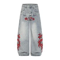 Unisex Streetwear Wide-Leg Denim Pants With Chinese Dragon Embroidery Dual-Waist Design Small gray