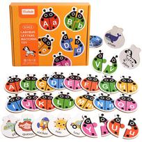 Wooden Ladybug Alphabet Matching Puzzle, Double Sided Cards, Words and Letters Learning Toy for Kids, Interactive Table Game black