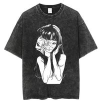Junji Ito Tomie  Veido skėlimas  Vintažiniai skalbti oversized marškinėliai | Unisex siaubo mangos gatvės aprangos marškinėliai S įvairiaspalvis