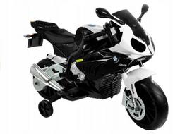 Vaikiškas juodas BMW S1000RR elektrinis motociklas su šoniniais ratukais