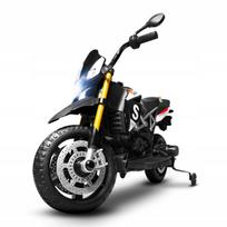 Vaikiškas elektrinis motociklas su akumuliatoriumi, odine sėdyne, LED žibintais, nusiimamais šoniniais ratukais ir amortizatoriais