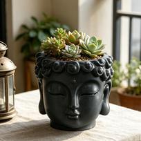 Vinyl Buddha Head Flower Pot Indoor Outdoor Mini Planter Decorative Figurine Vase for Office Home Entryway Enhancement pilka spalva