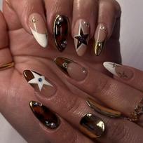 24Pcs Autumn Brown French Press On Nails Star Print Diamond Decor Y2K Wearable Fake Nails For Girls black