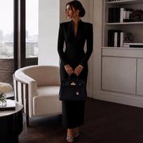 Women's Fashion V-Neck Stand Collar Long Sleeve Bodycon Dress, Waist-Cinching Party Evening Dress S tamsiai mėlyna