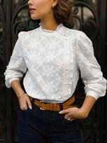 French button-up fungus edge embroidered shirt women's 1116 spring and autumn new high-end celebrity round neck bubble sleeve top S balta