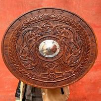 Handmade Viking Shield Medieval Norse Wooden Shield with Metal Boss Battle Decor Home Decor brown