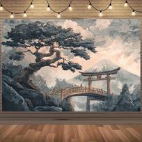 Japanese Zen Style Mount Fuji Landscape Tapestry Watercolor Wall Decor Asian Culture Torii Gate Artwork for Home 100X70CM beige