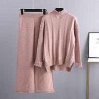 High-end semi-turtleneck sweater wide-leg pants set women's autumn and winter new fashion age-reducing knitted two-piece set One size rožinė