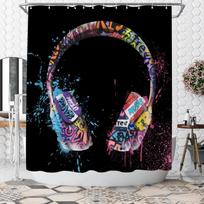 Music Shower Curtain Graffiti Dj Music Headphones Boy Shower Curtain 180X 180Cm Polyester Fabric Bathroom Decoration W60H190(CM)-1 Pcs gray