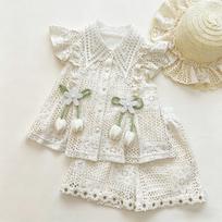 Girls' Tulip Lace Two-Piece Set: Crochet Doll Collar Top & Flutter Sleeve Shorts 150 cm beige