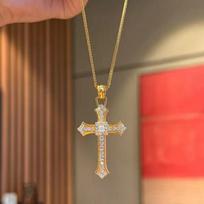 Real Gold 24K Electroplating Strong Color Retention Light Luxury Full Diamond Pendant Cross Temperament Classic Collarbone Chain brown