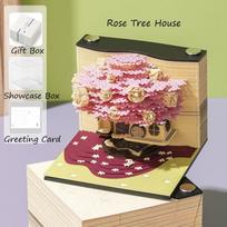 3D popierinė skulptūra rožės namelis bloknotas - rankų darbo nuplėšiamas bloknotas ir stalo meno dovana gimtadieniui, namų dekorui Rose Tree House beige