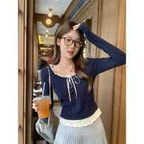 Fungus-edged Long-sleeved T-shirt for Women in Spring Korean Design Fake Two-piece Spliced Bottoming Inner Top S mėlyna