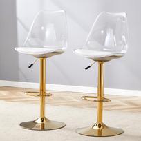 Modern bar stool set with transparent plastic backs and PU leather seats, gold-colored metal legs. Height-adjustable and 360 degrees rotatable.