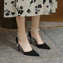 Summer new bridesmaid shoes pearl bow black stiletto French temperament high heels pointed single shoes women 40 gray