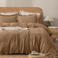 Queen Size Cotton Muslin Ruffle Duvet Cover Set - Ultra Soft, Breathable, and Luxurious Minimalist Bedding brown