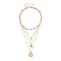 Fashion Multi-layered Small-hole Chain Hollowed-out Flower Cross Pendant Necklace For Women beige