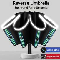 Visiškai automatinis atvirkščiai sulankstomas užtemdantis skėtis su atspindinčia juostele, blokuojantis UV spindulius, nuo saulės, dvigubais stipinais, atsparus vėjui, skėtis nuo saulės juoda