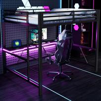 160x200 Žaidimų metalinis dviaukštis lovos rėmas su LED apšvietimu, USB įkrovimo stotele ir stalu, juodas 204 x 165 x 180 cm juoda