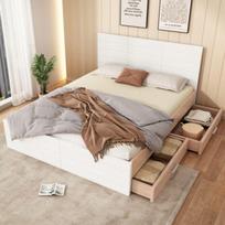 Lit double 140x200cm - MUVOE - Bois massif - 2 tiroirs - Design contemporain - Blanc balta